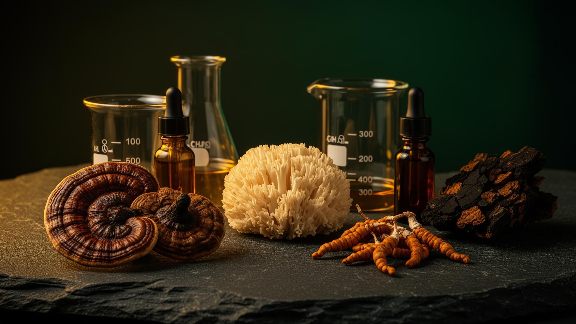 Mushrooms and laboratory equipment